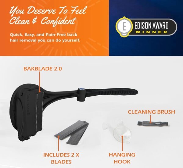 Bakblade 2.0 Back Shavers for Men: DIY Hair Shaver, Safety Blade Technology & Ergonomic Handle, Wet & Dry Shaving (Extra Blades Included)