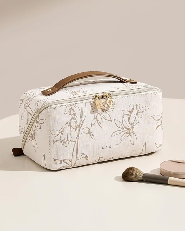 71o4GyVhsL._AC_SL1500_.jpg EACHY Travel Makeup Bag, Large Capacity Cosmetic Bags for Women, Waterproof Portable Pouch Open Flat Toiletry Bag Pattern Make up Bag (F-Beige)