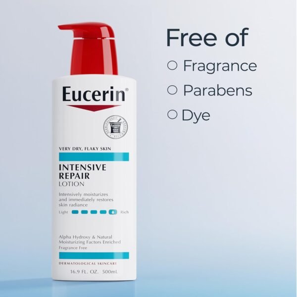 Eucerin Intensive Repair Body Lotion for Dry Skin with Alpha Hydroxy, Body Moisturizer for Very Dry Skin, Moisturizes, Exfoliates and Conditions, Paraben Free and Fragrance Free, 16.9 Fl Oz Bottle