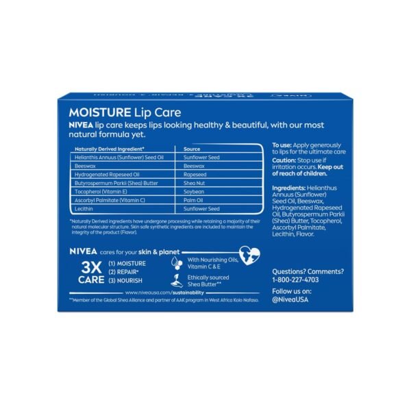 71oUjUe9qJL._SL1500_.jpg NIVEA Moisture Lip Care, Hydrating Lip Balm with Shea Butter, Nourishing Oils and Vitamin C & E, 3-in-1 Moisture, Repair and Nourish, 0.17 Oz Stick, Pack of 4