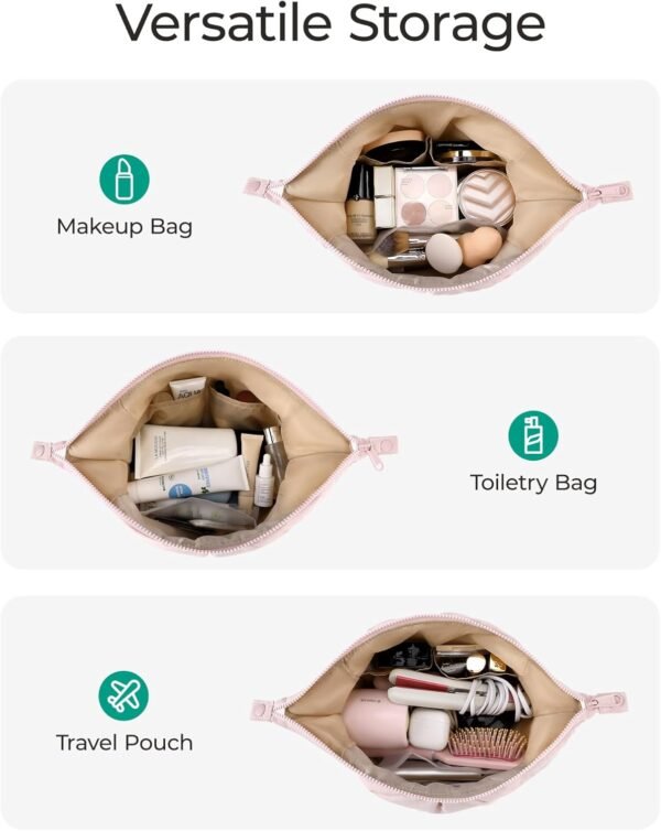 71pjUhvvhL._AC_SL1500_.jpg BAGSMART Makeup Bag Travel Toiletry Bag, Cute Make Up Bag, Large Capacity Cosmetic Bags for Women, Wide-open Makeup Pouch Travel Essentials Toiletries Accessories Brushes (Pink)