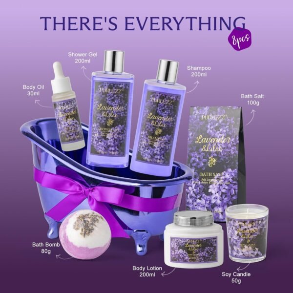 Birthday Gifts for Women, Luxury Home Spa Kit, 8pcs Lavender & Lilac Bath Gift Set, Gift Baskets for Women Unique with Bath Bombs, Sea Salt, Scented Candle, Body Lotion