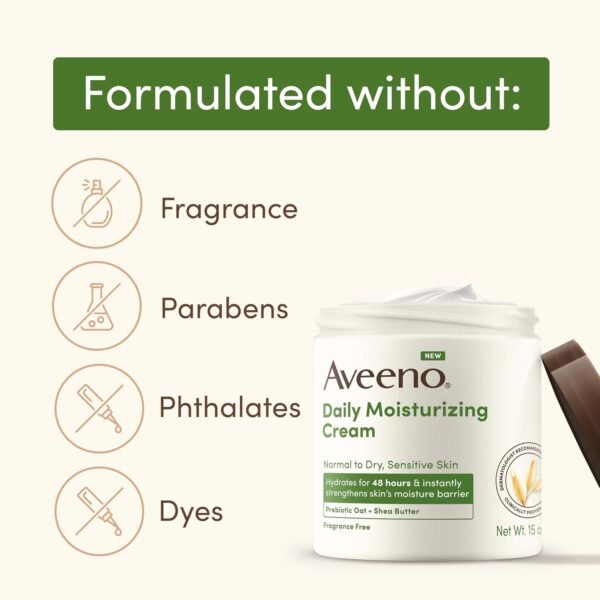 71pFfjwOg6L._SL1500_.jpg Aveeno Daily Moisturizing Cream with Prebiotic Oat & Shea Butter for Body, Face & Hands Moisturizer Cream, Hydrates Normal to Dry, Sensitive Skin for 48 Hours, Fragrance Free, Non-Comedogenic, 20 oz