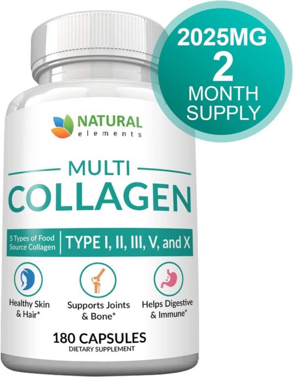 71pGy1PeESL._AC_SL1500_.jpg Multi Collagen 180 Protein Capsules - Type I, II, III, V, X Collagen Pills - Proprietary Blend of Eggshell, Chicken, Wild Fish & Grass-Fed Beef Collagen Peptides - 2025mg per serv