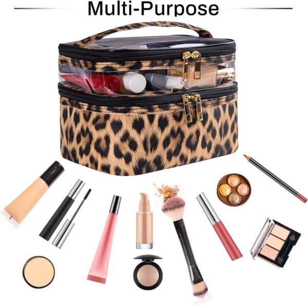 Double-layer Cosmetic Bag Makeup Bag Travel Makeup Bag Makeup Bags for Women Cosmetics Cases Portable Waterproof Foldable (Leopard)