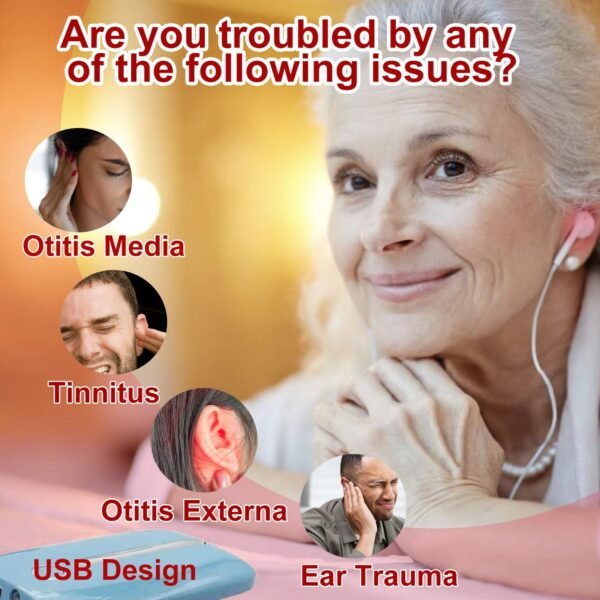 Red Light Therapy for Ears, USB Red Light Therapy for Ears, 650NM Red Light Ear Therapy Device with Two Pairs of Ear Canal Silicone