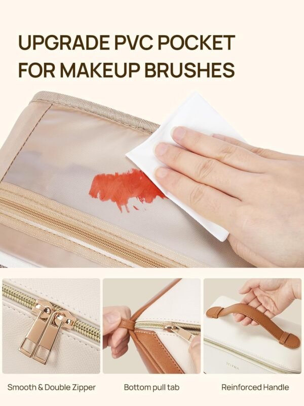 71pwHbyQPuL._AC_SL1500_.jpg Telena Makeup Bag Large Capacity Travel Cosmetic Bag Portable PU Leather Water Resistant Makeup Organizer Bags for Women with Handle and Divider Open Flat Beige with Brown
