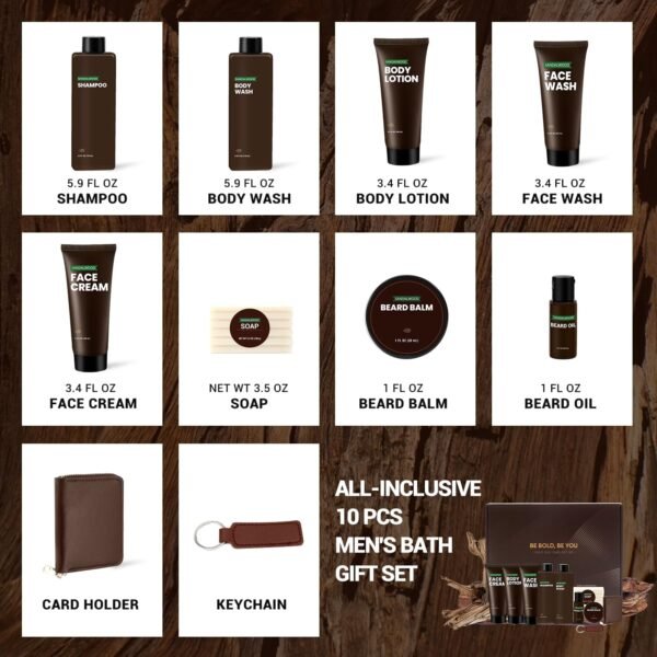 Rinse & Robust Men's Self-Care Gift Set, 10 Pcs Sandalwood Grooming Kit with Bath and Body Wash Gift Set For Men, Beard Oil, Balm & Business Card Case, Unique Gifts for Him Father’s Day, Birthday