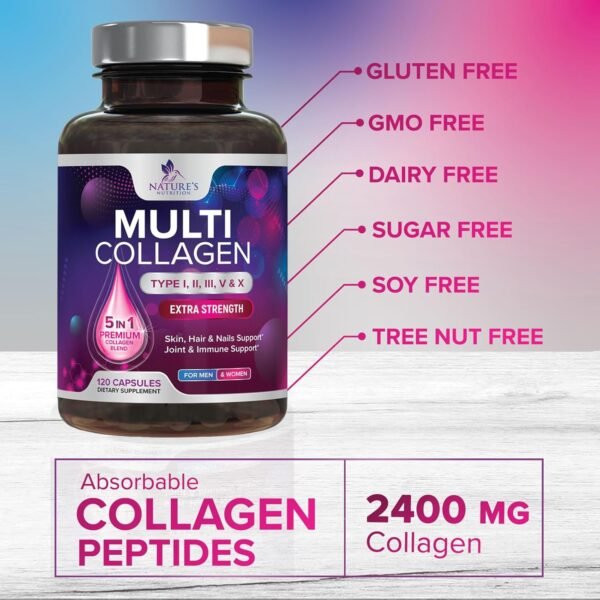 71qIXI8rmyL._AC_SL1500_.jpg Multi Collagen Supplement for Women & Men - Type I, II, III, V, X Multi Collagen Pills, Hydrolyzed Collagen Peptides Supplements, Nature's Hair, Skin, Nail, and Joint Support Supplement, 120 Capsules