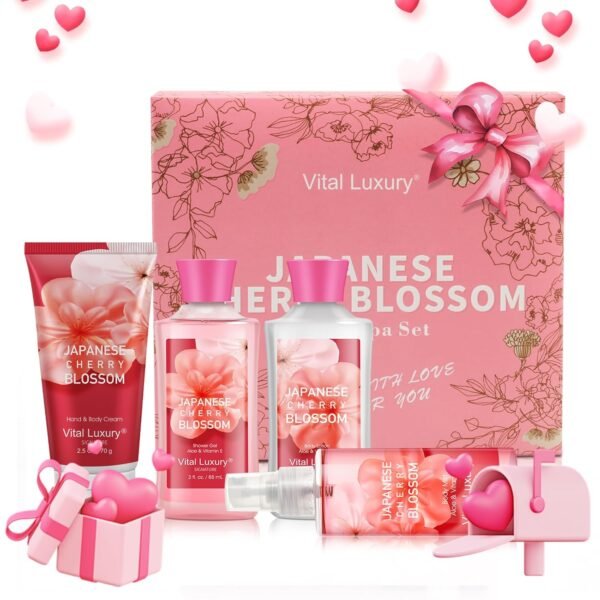 Bath and Body Care Gift Set for Women and Girls, Personal Self-Body Care Travel Set, Japanese Cherry Blossom Spa Home Set with Natural Extracts, 4 Pack - Shower Gel, Body Lotion, Body Mist, Hand Cream