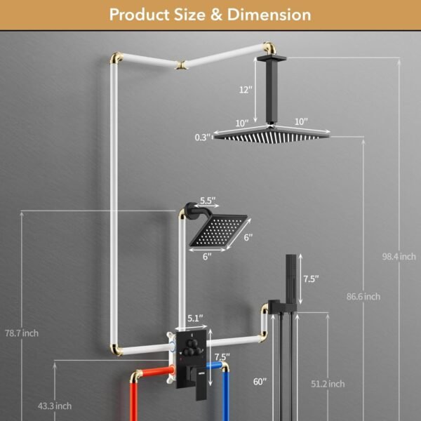 VANFOXLE Shower Faucet Set Matte Black Shower System,Push Button Diverter Shower Faucet with 2 in 1 Handheld,Ceiling Mount 10 Inch Shower Head with 6 Inch Wall Mount Shower Head