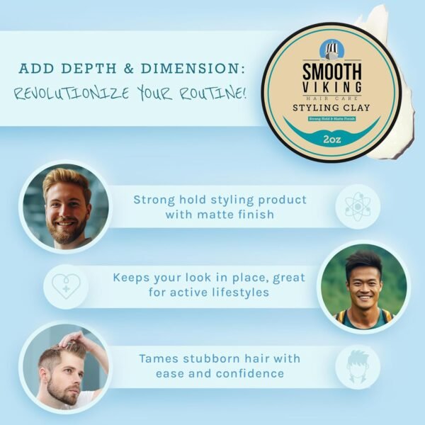 Smooth Viking Hair Clay for Men - Strong Hold, Hair Cream for Men, Clay Pomade for Men, Hair Paste for Men, Hair Styling Clay, Mens Hair Products, Hair Styling Products Matte Finish, Made in USA, 2oz