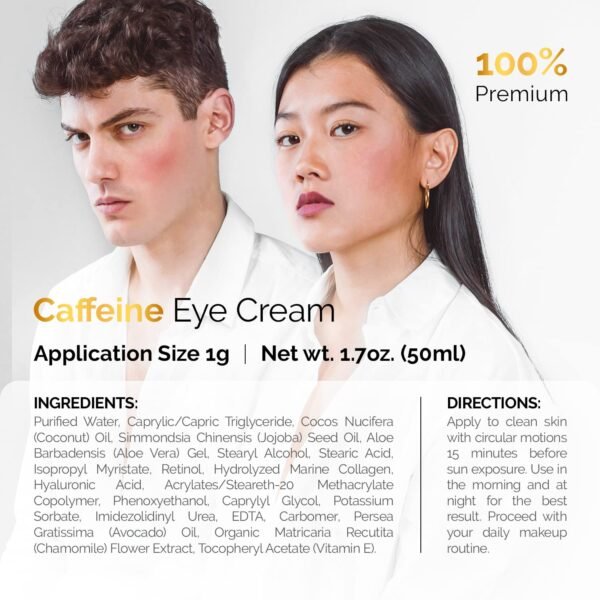 71rVutdSlqL._SL1500_.jpg Caffeine Eye Cream For Anti Aging, Dark Circles, Bags, Puffiness. Great Under Eye Skin + Face Tightening, Eye Lift Treatment For Men & Women 1.7oz