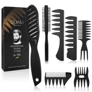71riy9TGnuL._SL1500_.jpg Hair Brush for Men, DUAIU 7Pcs Combs for Men, Hair Styling Comb Set with Vent Hair Brush, Quiff Round Hair Brush, Wide Tooth Comb, Texture Comb for Blow Drying, Detangling, Grooming, Hairdressing