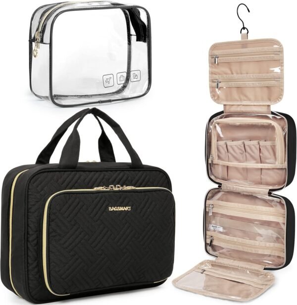 71s70yMfj6L._AC_SL1500_.jpg BAGSMART Toiletry Bag Hanging Travel Makeup Organizer with TSA Approved Transparent Cosmetic Bag Makeup Bag for Full Sized Toiletries, Large-Blck