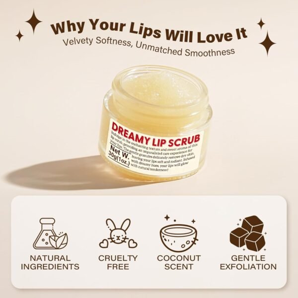 71sMCbXfrsL._SL1500_.jpg EJW Nourishing Lip Scrub - Infused with Coconut Oil, Olive Fruit Oil, and Jojoba Seed Oil, 1.05oz - Exfoliate, Hydrate, and Glow for Chapped Dry, Dark Lips