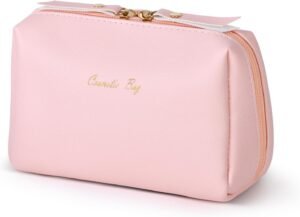 71scppmFmuL._AC_SL1500_.jpg Topwey Makeup Bag, Travel Essentials Cosmetic Bags for Women, Waterproof Portable Pouch travel toiletry bag with Divider (Pink, Small)