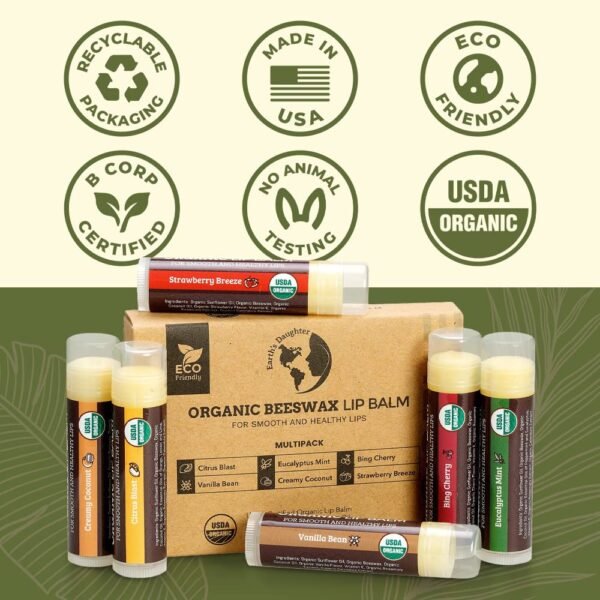 71spHIDYvL._SL1000_.jpg Earth's Daughter USDA Organic Lip Balm 6-Pack - Fruit Flavors, Beeswax, Coconut Oil, Vitamin E - Best Lip Repair Chapstick for Dry Cracked Lips - Moisturizing Lip Care