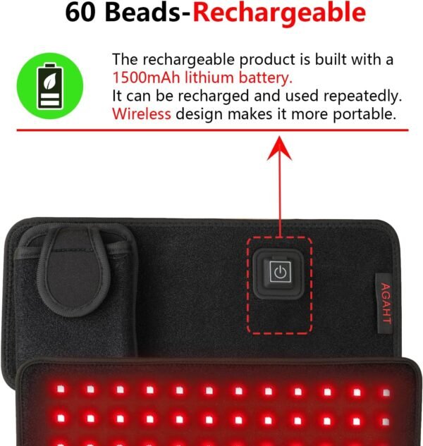 Rechargeable 60-Beads Red Light Therapy LED Pad, 5.5 X 11.8 Inch, Wearable 850nm & 660nm Infrared Belt for Neck Knee Body with Built-in 1500mAh Battery & Auto Timer