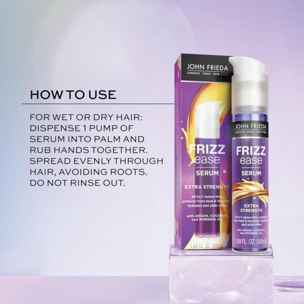 John Frieda Frizz Ease Extra Strength Hair Serum, Instantly Smooths for Healthy, Hydrated, Frizz-Free Hair, for Thick and Coarse Hair, with Argan, Coconut, and Moringa Oil for Heat Protection, 1.69 Oz