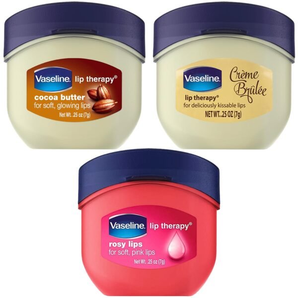 71tcZooXKFL._SL1500_.jpg Vaseline Lip Therapy Variety 3-Pack – Crème Brûlée, Rosy Lips, Cocoa Butter Mini Lip Balms for Soft, Glowing, and Deliciously Kissable Lips, 0.25 Oz Ea