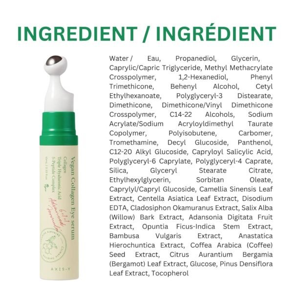 AXIS-Y Vegan Collagen Eye Serum - K Beauty Triple Hyaluronic Acid & Peptide Collagen Serum Improve Skin Elasticity, Reduce Fine Lines & Dark Circles - Vegan Korean Skin Care Eye Cream - 0.33 fl. oz.