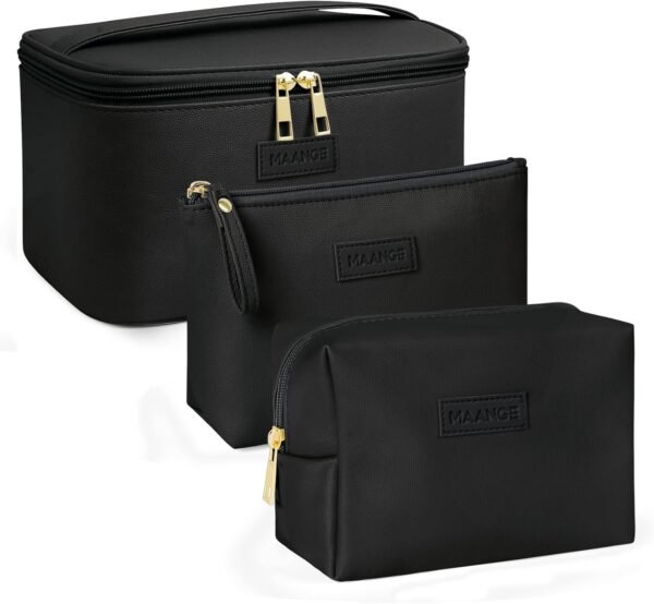71thAyeQTVL._AC_SL1500_.jpg MAANGE Makeup Bag - Large Cosmetic Bag with 2pcs Small Makeup Bags Portable Leather Travel Makeup Bag Set Toiletry Bag Make Up Bags for Women and Girls (Black)