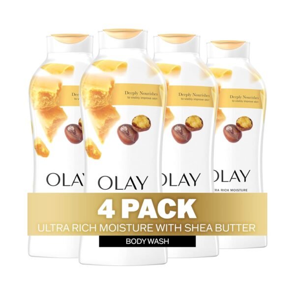 Olay Body Wash for Women, Ultra Moisture, 24hr Moisturizing, Hydrating & Refreshing, B3 Vitamin Complex, Free of Parabens & Phthalates, For All Skin Types, Shea Butter Scent, 22 fl oz (Pack of 4)