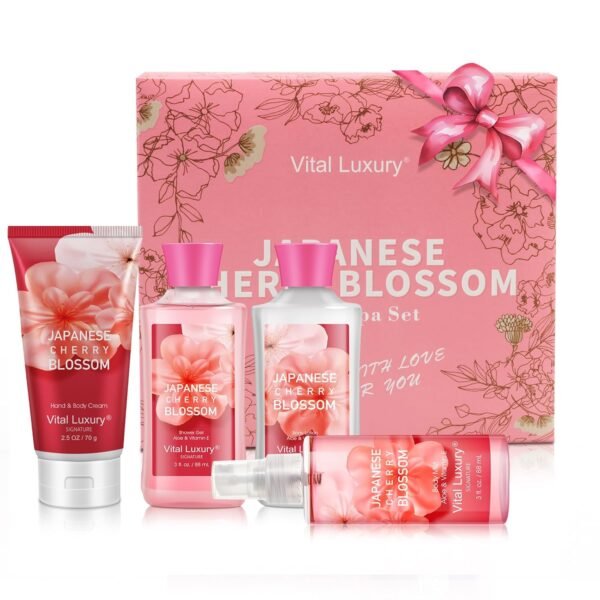 Bath and Body Care Gift Set for Women and Girls, Personal Self-Body Care Travel Set, Japanese Cherry Blossom Spa Home Set with Natural Extracts, 4 Pack - Shower Gel, Body Lotion, Body Mist, Hand Cream
