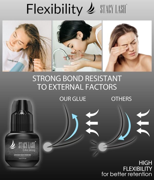 Extra Strong Eyelash Extension Glue Stacy Lash (0.17fl.oz / 5ml) / 0.5-1 Sec Dry/Retention – 8 Weeks/Black Adhesive/Professional Supplies