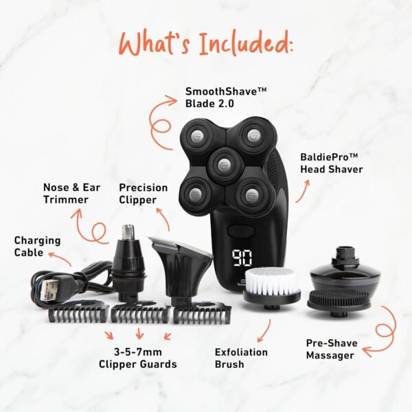Groomie Cordless Bald Head Shavers for Men, BaldiePro Head Grooming Kit - Ergonomic & Waterproof Head Shavers for Bald Men - Electric Hair Shaver & Head Razor - Men's Rotary Shaver for Smooth Shave