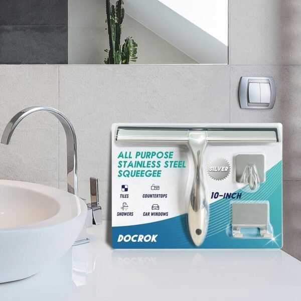 71ulwK2gOL._AC_SL1500_.jpg All-Purpose Stainless Steel Shower Squeegee for Shower Glass Door with 2 Adhesive Hooks, Bathroom Cleaner Tool Household Window Mirror Squeegee , Cleaning Tile Wall, Car, 10 Inch Silver