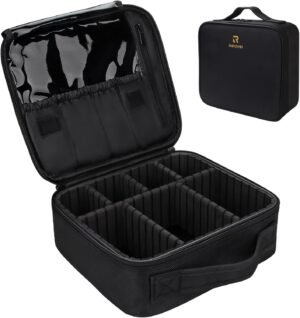 71u1ih9pGHL._AC_SL1500_.jpg Relavel Travel Makeup Train Case Makeup Cosmetic Case Organizer Portable Artist Storage Bag with Adjustable Dividers for Cosmetics Makeup Brushes Toiletry Jewelry Digital Accessories Black