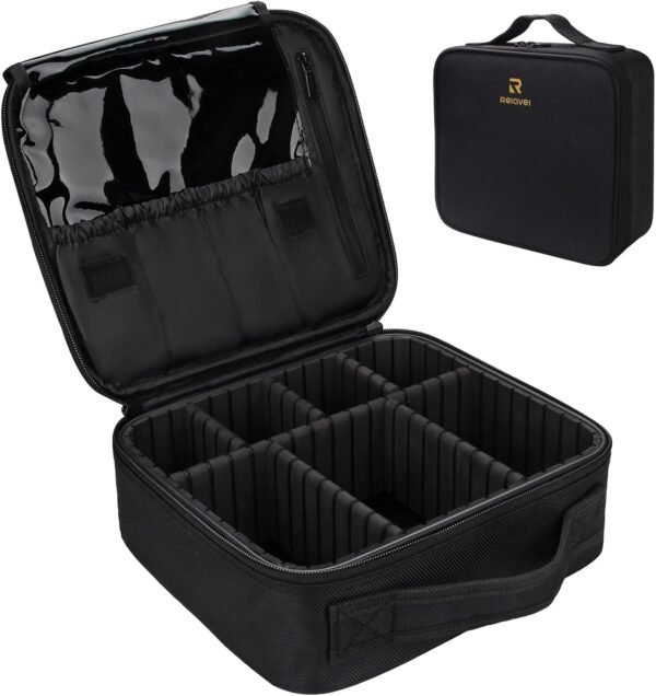 71u1ih9pGHL._AC_SL1500_.jpg Relavel Travel Makeup Train Case Makeup Cosmetic Case Organizer Portable Artist Storage Bag with Adjustable Dividers for Cosmetics Makeup Brushes Toiletry Jewelry Digital Accessories Black