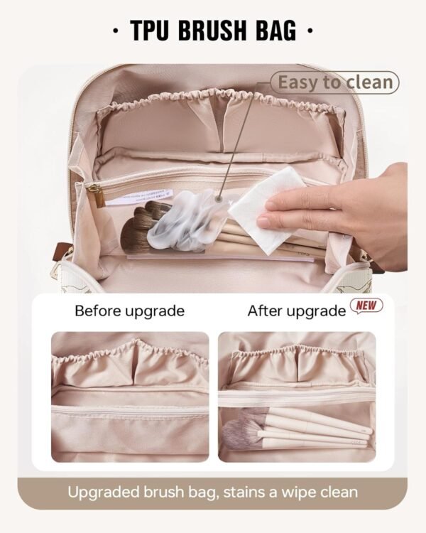 71u5ewRd9iL._AC_SL1500_.jpg EACHY Travel Makeup Bag, Large Capacity Cosmetic Bags for Women, Waterproof Portable Pouch Open Flat Toiletry Bag Pattern Make up Bag (F-Beige)