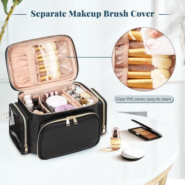 71uPkcDYnRL._SL1500_.jpg Large Makeup Bag, Portable Travel Makeup Bag Organizer for Women Girls with Makeup Brush Compartment & Two Side Pockets, Cosmetic Travel Bag Vertical Storage Toiletry Bag - Black