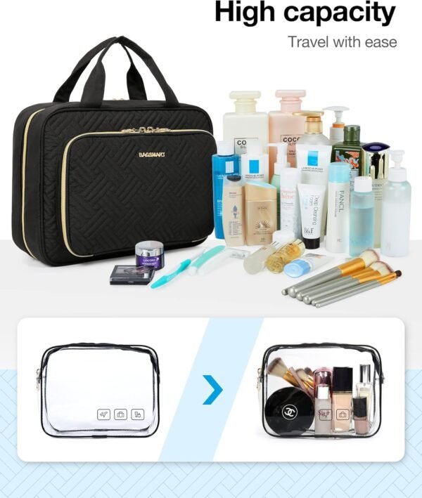 71uZ5gX9vPL._AC_SL1500_.jpg BAGSMART Toiletry Bag Hanging Travel Makeup Organizer with TSA Approved Transparent Cosmetic Bag Makeup Bag for Full Sized Toiletries, Large-Blck