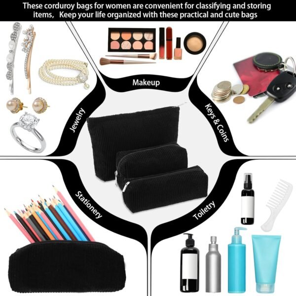 3 Pcs Makeup Bag Set for Women Corduroy Cosmetic Pouch Aesthetic Smile Travel Toiletry Bag Cute Purse Pouch Pencil Case Makeup Brushes Storage Organizer with Zipper(Black,Solid Style)