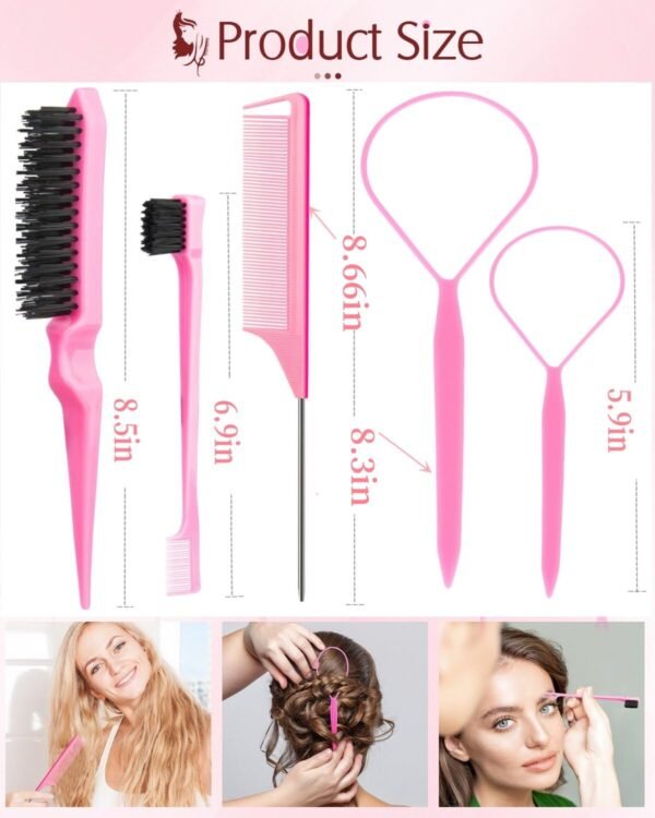 71vZOM1RNL._SL1500_.jpg Hair Styling Tool Set 8 Pieces -4 Topsy hair Tail Tools 2 Rat Tail Combs, 1 Slick Back Hair Bristle Brush and 1 Edge Control Brush, Woman Girl Pink