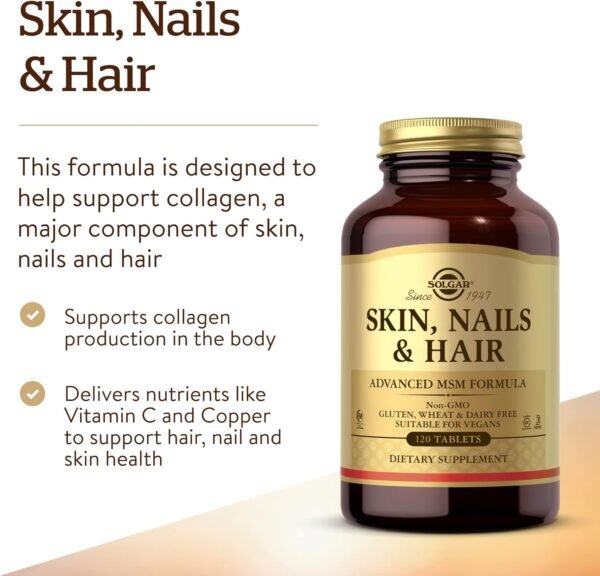 71wK416w5cL._AC_SL1500_.jpg Solgar Skin, Nails & Hair, Advanced MSM Formula, 120 Tablets - Supports Collagen for Hair, Nail and Skin Health - Provides Zinc, Vitamin C & Copper - Non GMO, Vegan, Gluten & Dairy Free - 60 Servings ,Standard Packaging , 120 Count