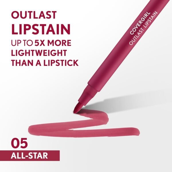 71wLIwFaLAL._SL1500_.jpg COVERGIRL Outlast, 05 All-Star, Lipstain, Smooth Application, Precise Pen-Like Tip, Transfer-Proof, Satin Stained Finish, Vegan Formula, 0.06oz