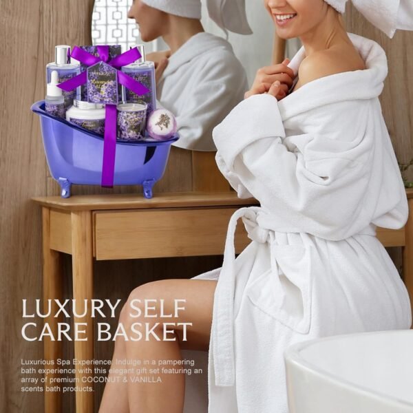 Birthday Gifts for Women, Luxury Home Spa Kit, 8pcs Lavender & Lilac Bath Gift Set, Gift Baskets for Women Unique with Bath Bombs, Sea Salt, Scented Candle, Body Lotion
