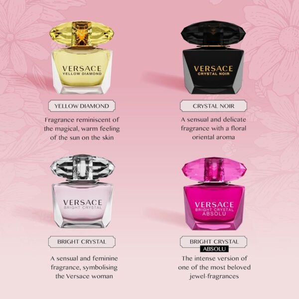71xArT-Jm1L._SL1500_.jpg Versace Perfume for Women Set of 4 Mini, Bright Crystal, Yellow Diamond, Crystal Noir, Bright Crystal Absolu, Perfume for Women Fragrance Sampler Set Designer Womens Samples (4 Count, 0.17 oz)