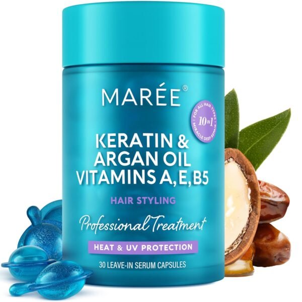MAREE Hair Oil for Frizzy - Hair Vitamins A, E & B Keratin Styling Capsules with Jojoba & Argan Oil - Anti Frizz Serum for Women - Frizzy, Damaged, Dry and Curly - Sérum Gotas & Aceite Para el Cabello