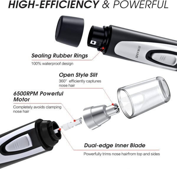 Ear and Nose Hair Trimmer Clipper - 2025 Professional Painless Eyebrow & Facial Hair Trimmer for Men Women, Battery-Operated Trimmer with IPX7 Waterproof, Dual Edge Blades for Easy Cleansing Black