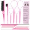 71xm3KdmDJL._SL1500_.jpg Hair Styling Tool Set 8 Pieces -4 Topsy hair Tail Tools 2 Rat Tail Combs, 1 Slick Back Hair Bristle Brush and 1 Edge Control Brush, Woman Girl Pink
