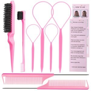 71xm3KdmDJL._SL1500_.jpg Hair Styling Tool Set 8 Pieces -4 Topsy hair Tail Tools 2 Rat Tail Combs, 1 Slick Back Hair Bristle Brush and 1 Edge Control Brush, Woman Girl Pink