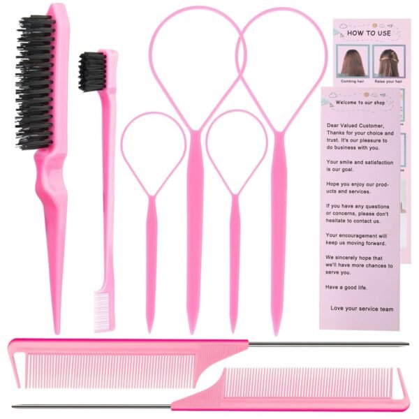 71xm3KdmDJL._SL1500_.jpg Hair Styling Tool Set 8 Pieces -4 Topsy hair Tail Tools 2 Rat Tail Combs, 1 Slick Back Hair Bristle Brush and 1 Edge Control Brush, Woman Girl Pink