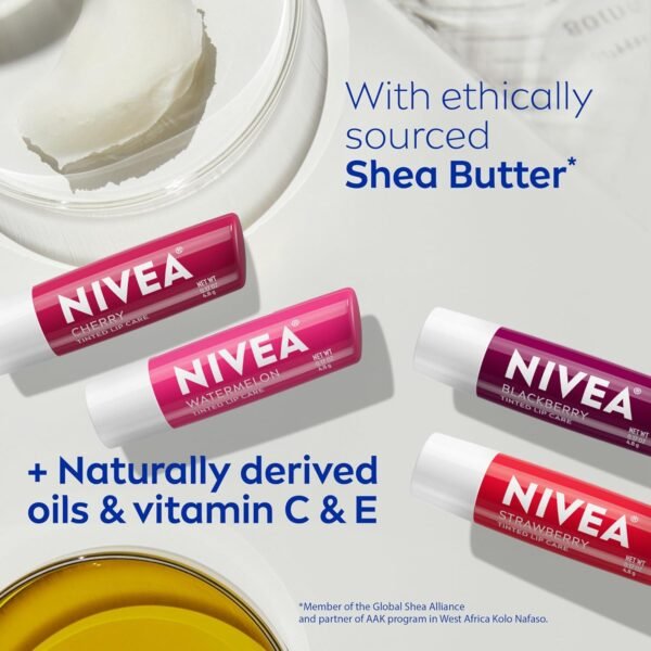 71xzC2z5I0L._SL1500_.jpg NIVEA Lip Care, Fruity Tinted Lip Balm Variety Pack, Cherry, Strawberry, Blackberry and Watermelon Flavors, 3-in-1 Moisture, Repair and Color, 0.17 Oz Stick, Pack of 4