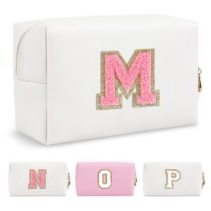 71yMnN-DkSL._SL1500_.jpg Personalized Makeup Bag Initial A-Z Preppy Patch Bag,Small PU Leather Travel Cosmetic Bag Pouch with Zipper,White Cute Toiletry Bag,Gift Ideal for Teen Girls Women Birthday Friend Mom,Letter M